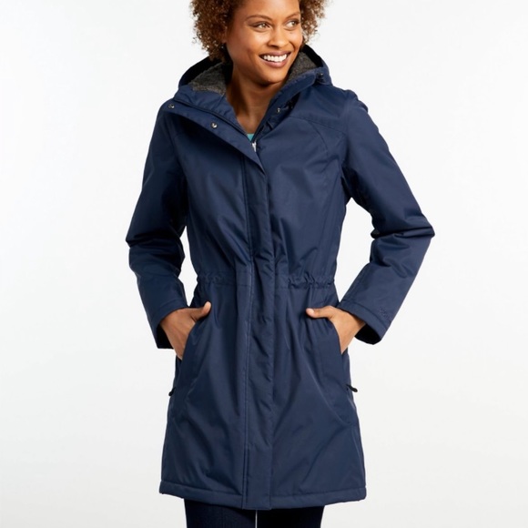 LL Bean Winter Warmer Coat Parka Long Jacket Black Sherpa Hood Adjustable Waist - Picture 1 of 13